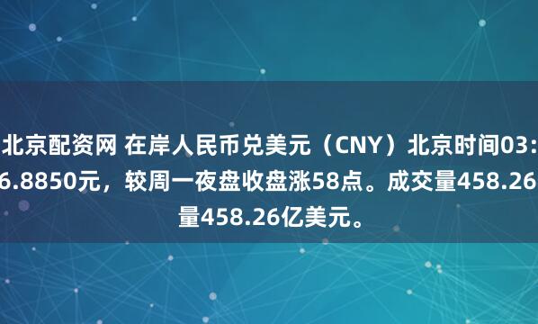 北京配资网 在岸人民币兑美元（CNY）北京时间03:00收报6.8850元，较周一夜盘收盘涨58点。成交量458.26亿美元。